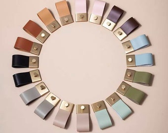 Leather loop and gold brass Drawer Pull/leather and brass Cabinet pulls in nine colours/leather furniture hardware/pastel colour door handle