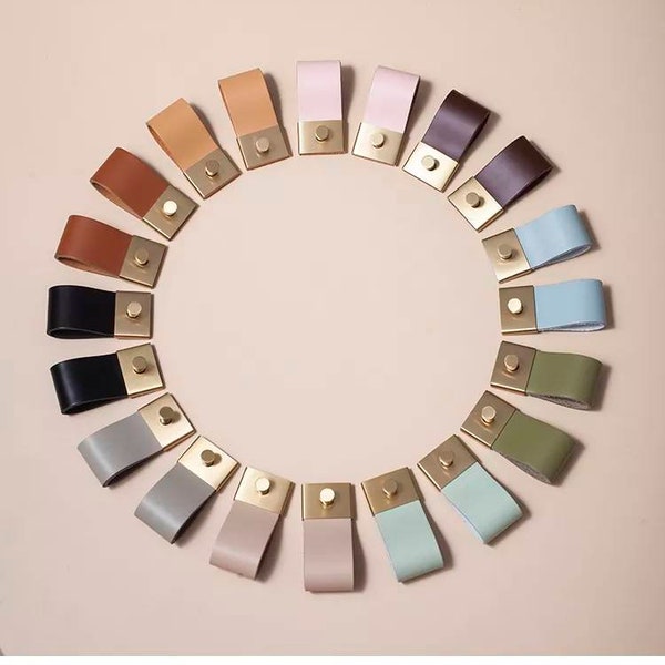 Leather loop and gold brass Drawer Pull/leather and brass Cabinet pulls in nine colours/leather furniture hardware/pastel colour door handle