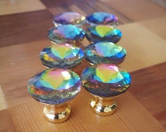 Sparkly rainbow crystal and gold cabinet pull/Glittery crystal door handle/Rainbow crystal drawer knob/ Furniture hardware/nursery decor