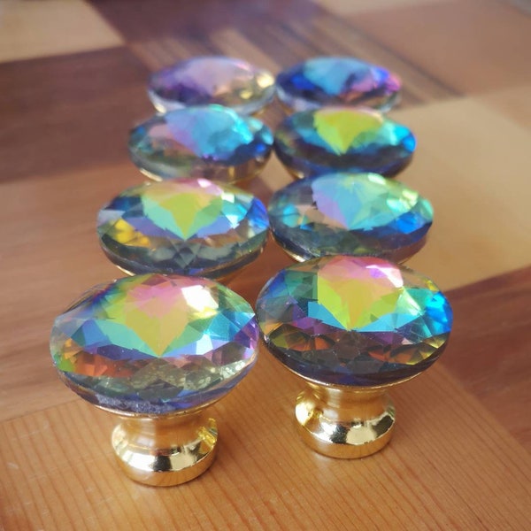 Sparkly rainbow crystal and gold cabinet pull/Glittery crystal door handle/Rainbow crystal drawer knob/ Furniture hardware/nursery decor