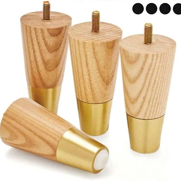 4 x Light Wooden Furniture Legs with Gold Feet in 10cm 12cm 15cm 18cm/sofa legs/coffee table legs/cabinet legs/TV stand legs/IKEA hack