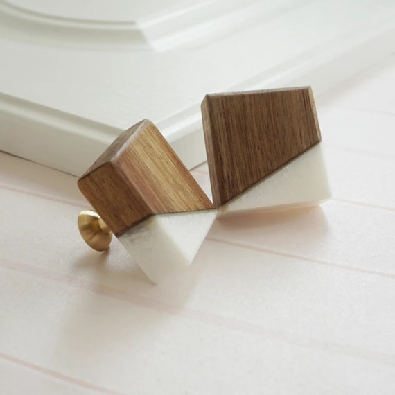 Wood and marble geometric square drawer handle/Marquetry pattern square door knob/Marble and wood cabinet handle/Wood inlaid stone hardware