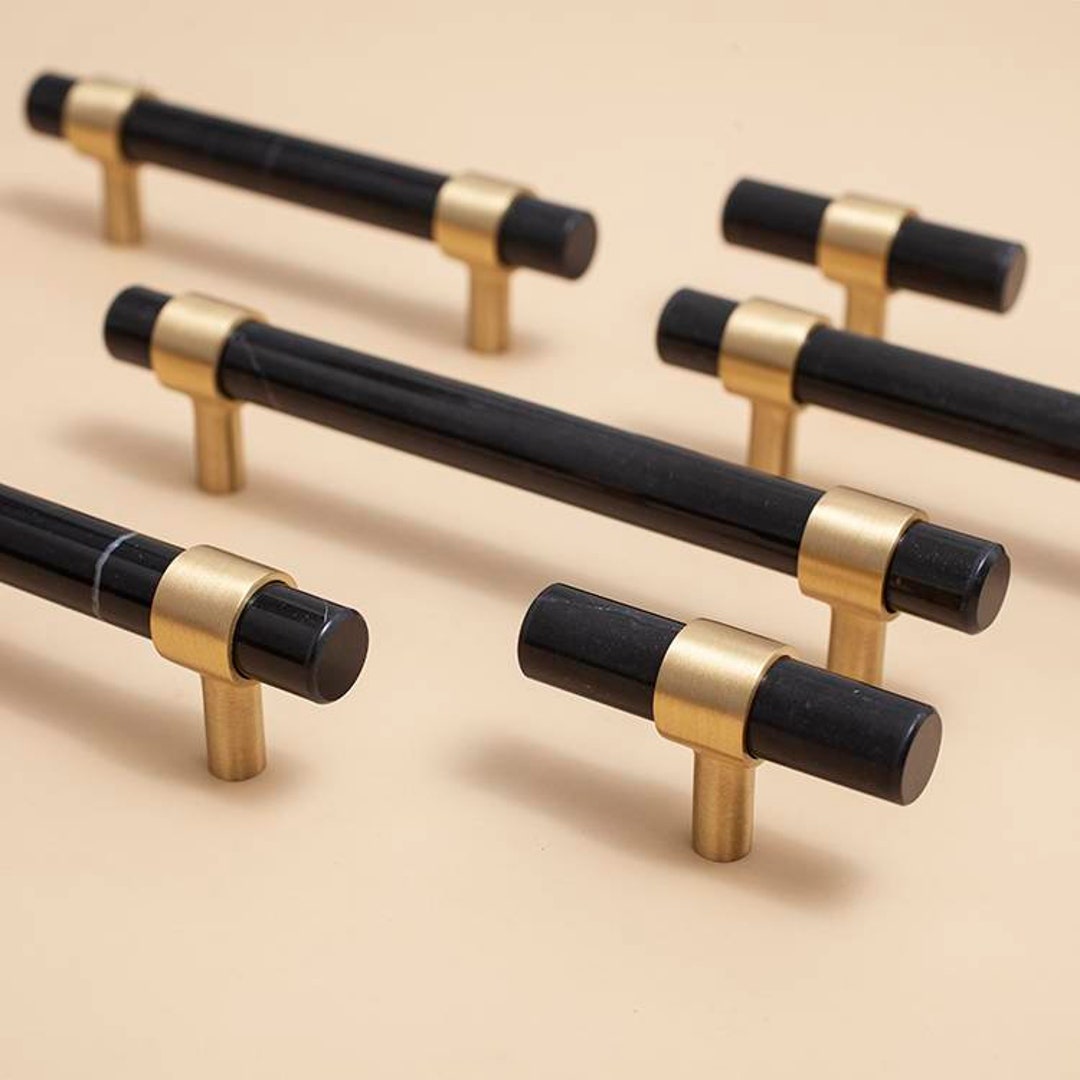 Jet Black Nero Marble Handle/black Marble and Brass Drawer Pull