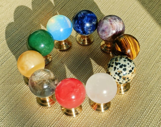 Featured listing image: Semi precious stone ball drawer knob/stone drawer pull/crystal ball cabinet pull/gemstone handle/Bright coloured stone hardware/Mineral knob