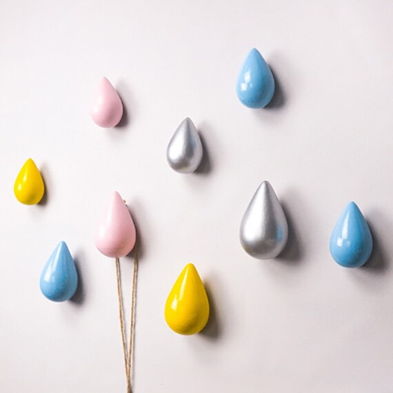 Raindrop shaped painted wooden wall hooks simple style, Clothes Peg, Hat stand, Coat Rack, nursery decor rain drop weather, wall feature