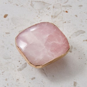 Rose pink quartz rounded square drawer handle with gold edges/Pink crystal cabinet handle/pink gemstone door knob/stone furniture hardware