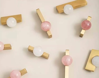 White or rose pink quartz ball and brass bar handle/Semi precious stone drawer pull/unique cabinet handle/IKEA hack/wardrobe door handle