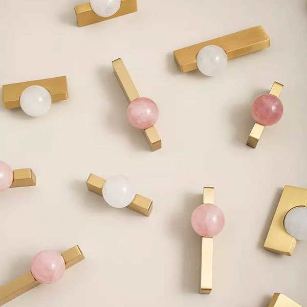 White or rose pink quartz ball and brass bar handle/Semi precious stone drawer pull/unique cabinet handle/IKEA hack/wardrobe door handle