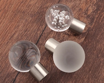 Clear glass ball and silver nickel cabinet pull/Round frosted glass drawer knob/Round glass ball door handle with bubble texture/Glass knob