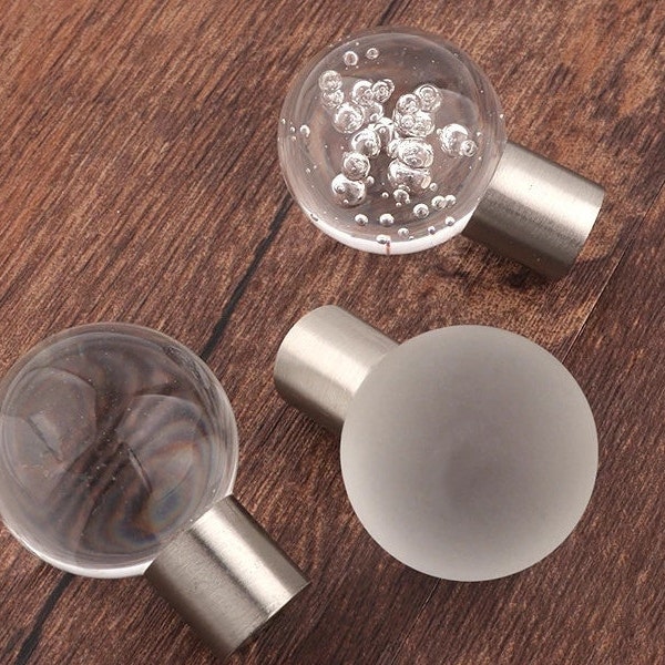 Boule de verre clair et poignée d’armoire en nickel argenté/Bouton de tiroir rond en verre dépoli/Poignée de porte boule de verre ronde avec texture bulle/Bouton en verre