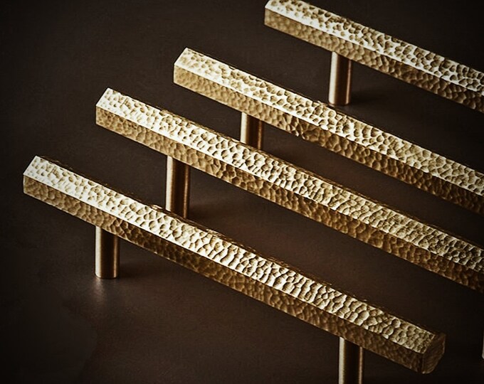 Featured listing image: Hand finished hammered brass hexagonal cabinet bar handle/Gold dimpled shiny brass hexagonal drawer pull/Solid brass geometric door handle
