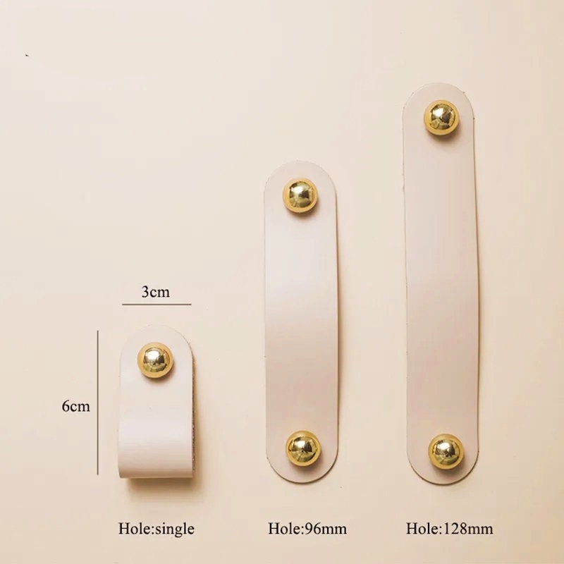 Leather loop and gold brass ball drawer pull/leather and brass