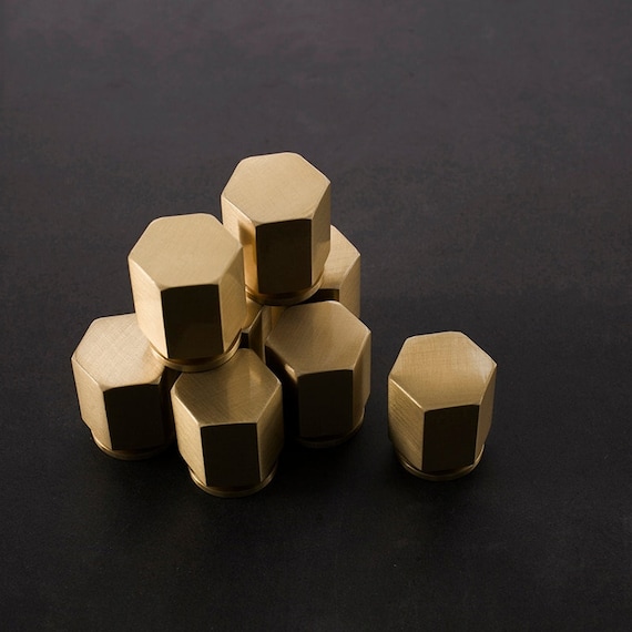 Industrial chic hexagonal shaped drawer pull/Gold nut style solid brass cabinet knob/Gold brass geometric door knob/man cave brass hardware