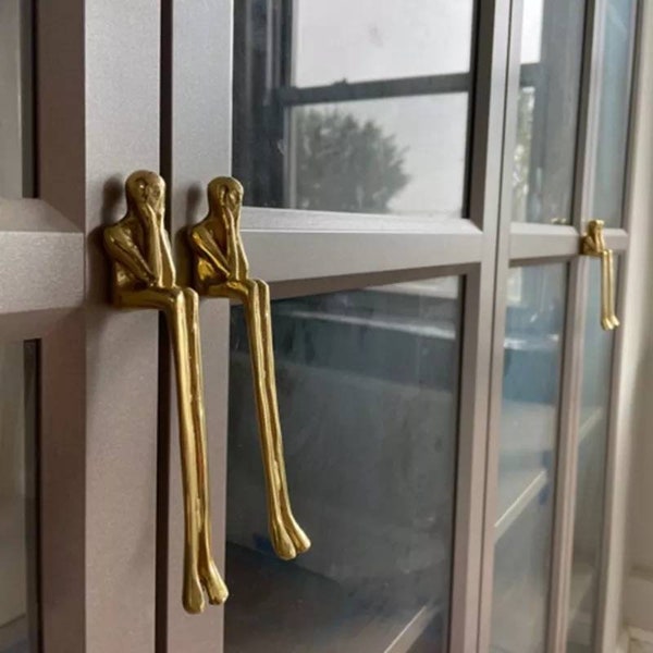 Gold brass thinking man cabinet handle/man shaped figure door handle/abstract man figurine drawer handle/unusual brass furniture hardware
