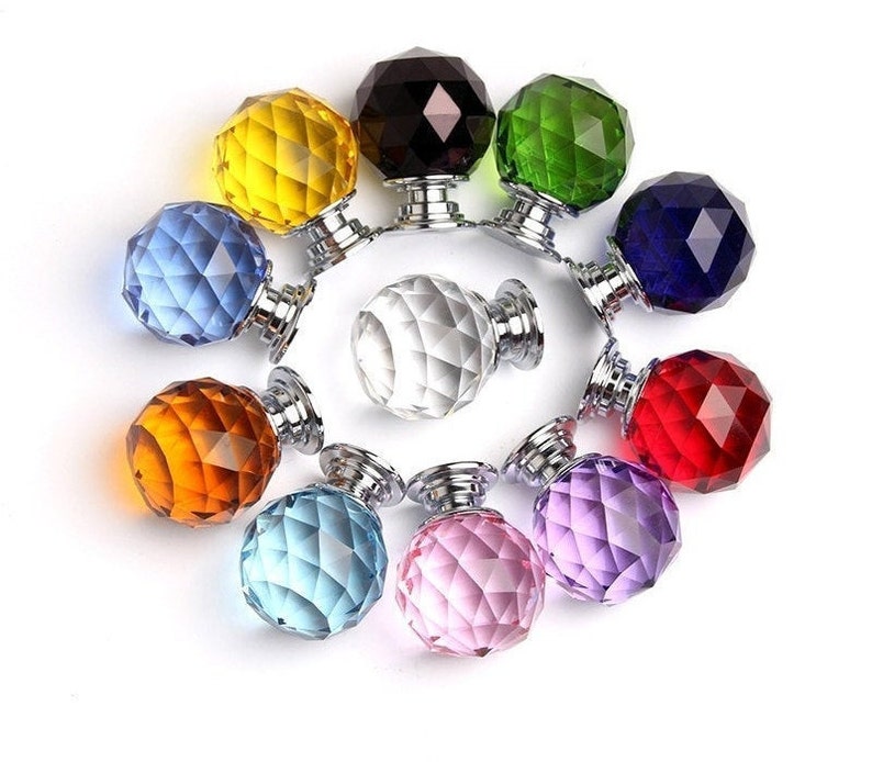 Rainbow coloured crystal drawer knob/Glass crystal faceted ball shaped cabinet handle/Bright coloured furniture hardware/crystal door knob image 1