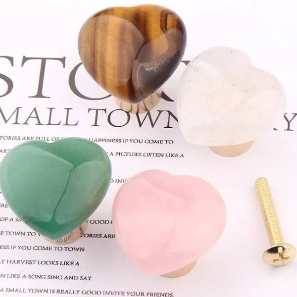 Smooth polished heart shaped semi precious stone drawer handle/Pink, white quartz, tiger eye or jade cabinet handle/heart gemstone door knob