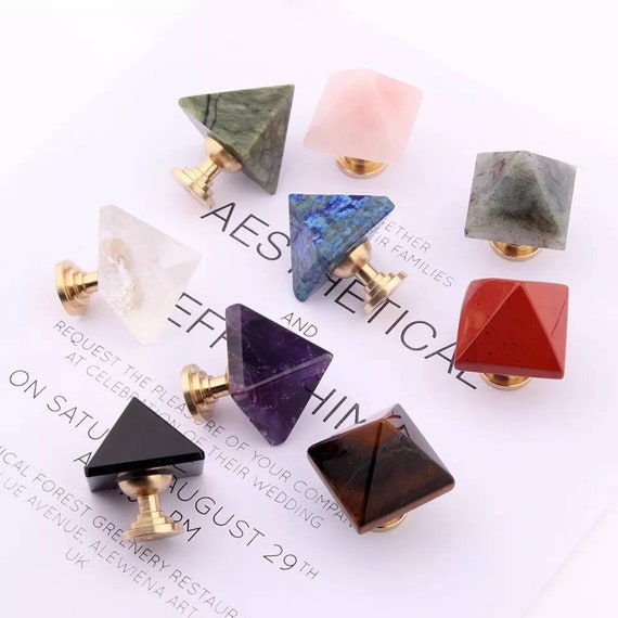 Semi precious stone pyramid shaped cabinet handle/Stone triangle and brass drawer pull/Gemstone pyramid door handle/Geometric cabinet handle
