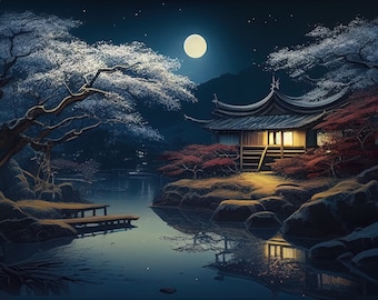 1,000 Piece Jigsaw Puzzle for Adults: Sakura Japan Night Japanese Landscape With Temple By Lake Pz 083