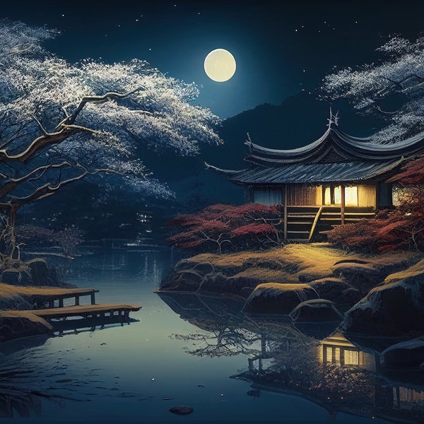 1,000 Piece Jigsaw Puzzle for Adults: Sakura Japan Night Japanese Landscape With Temple By Lake Pz 083