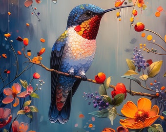 Puzzle per adulti da 1.000 pezzi: bellissimi fiori di colibrì blu e rossi con foresta da sogno colorata Pz 122