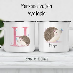 Taza de camping personalizada para erizos de esmalte, taza de alfabeto lindo, taza de esmalte de letra H para niños, taza personalizada para niños, taza para niños personalizados, regalo para niños