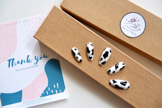 Moo | Press On Nails | Cow Print | Coffin Nails | Fake Nails