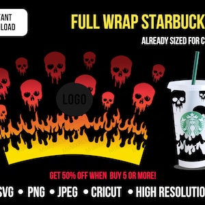 Nahtlose Halloween Hölle Feuer - Satan Schädel Starbucks Venti kalte Tasse voller Wrap Svg, geschnitten E-Band, Svg Png Jpeg, für Silhouette, Cameo, Cricut DIY