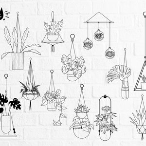 Puede incluir: Una colección de 12 dibujos en blanco y negro de plantas colgantes en varios estilos. Las plantas están dibujadas en un estilo minimalista e incluyen una variedad de especies, como monstera, suculentas y helechos.