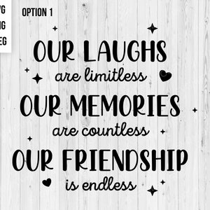 Puede incluir: Texto en blanco y negro sobre un fondo de madera que dice "NUESTRAS RISAS son ilimitadas NUESTROS RECUERDOS son innumerables NUESTRA AMISTAD es eterna".
