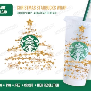 Puede incluir: Una descarga digital de una envoltura para taza de Starbucks con un diseño de árbol de Navidad de purpurina dorada con un logotipo de Starbucks. El diseño está hecho para una taza fría de 24 onzas.