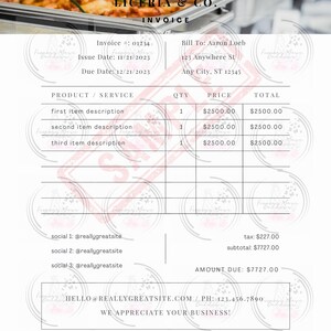 May include: A black and white invoice with the title "LICERIA & CO. INVOICE". The invoice lists three items with a total amount due of £7727.00. The invoice includes contact information for the business, including a website and phone number.