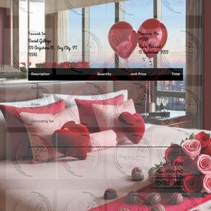 May include: An invoice with the word "INVOICE" at the top. The invoice includes details such as the recipient's name and address, a list of items including balloons and roses, and a total amount of £465.