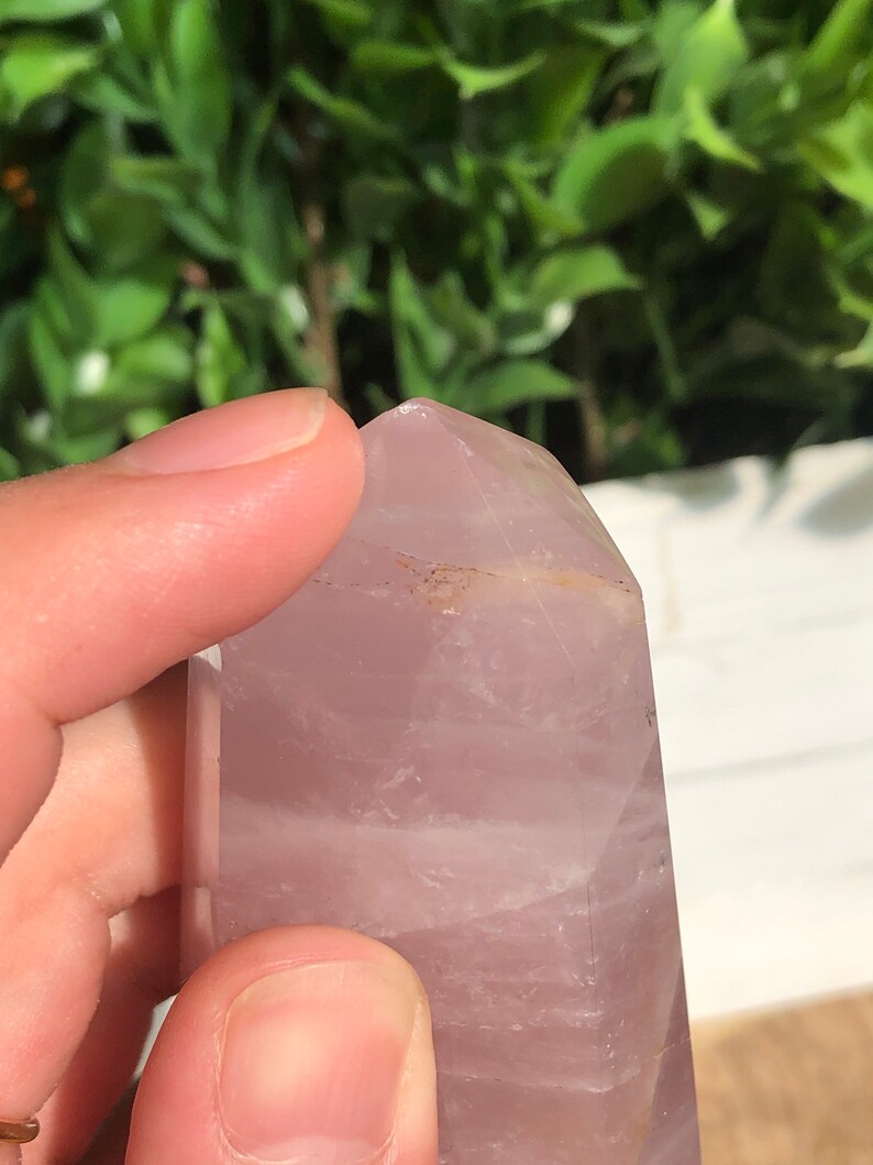 Puede incluir: Una punta de cristal de color p&uacute;rpura claro con una parte superior facetada. El cristal se sostiene en una mano, con un fondo borroso de hojas verdes. El cristal tiene una superficie lisa y pulida y un aspecto ligeramente transl&uacute;cido.