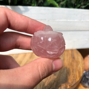 May include: A carved rose quartz pumpkin with a pink hue. The pumpkin is smooth and polished.