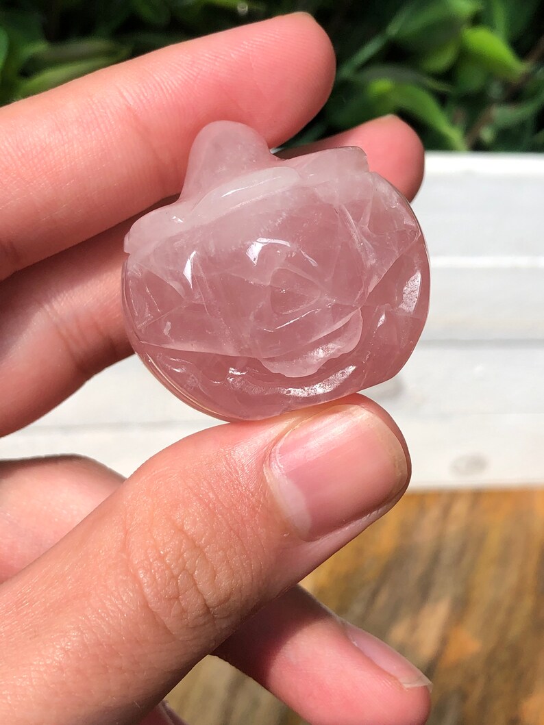 May include: A carved pink rose quartz pumpkin. The pumpkin is approximately 5 cm tall and has a smooth, polished surface.