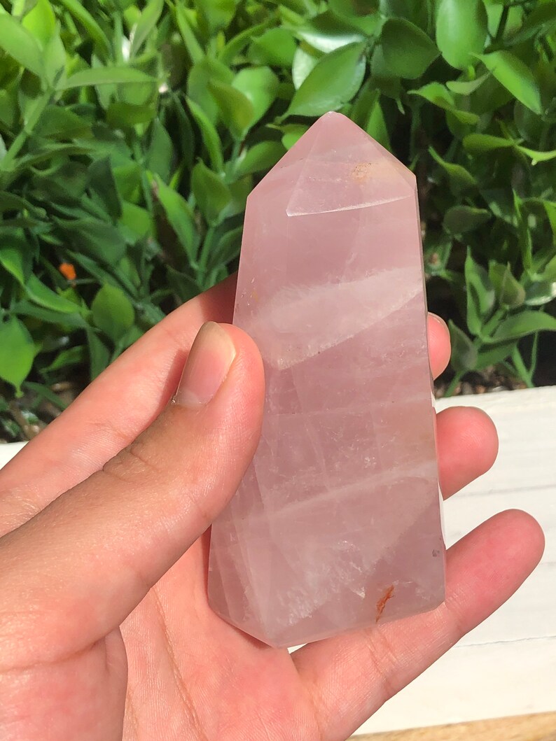 Puede incluir: Un obelisco de cuarzo rosa pulido, un cristal rosa claro con una parte superior puntiaguda. El cristal se sostiene en una mano, con un fondo verde frondoso. El obelisco es de color rosa p&aacute;lido.