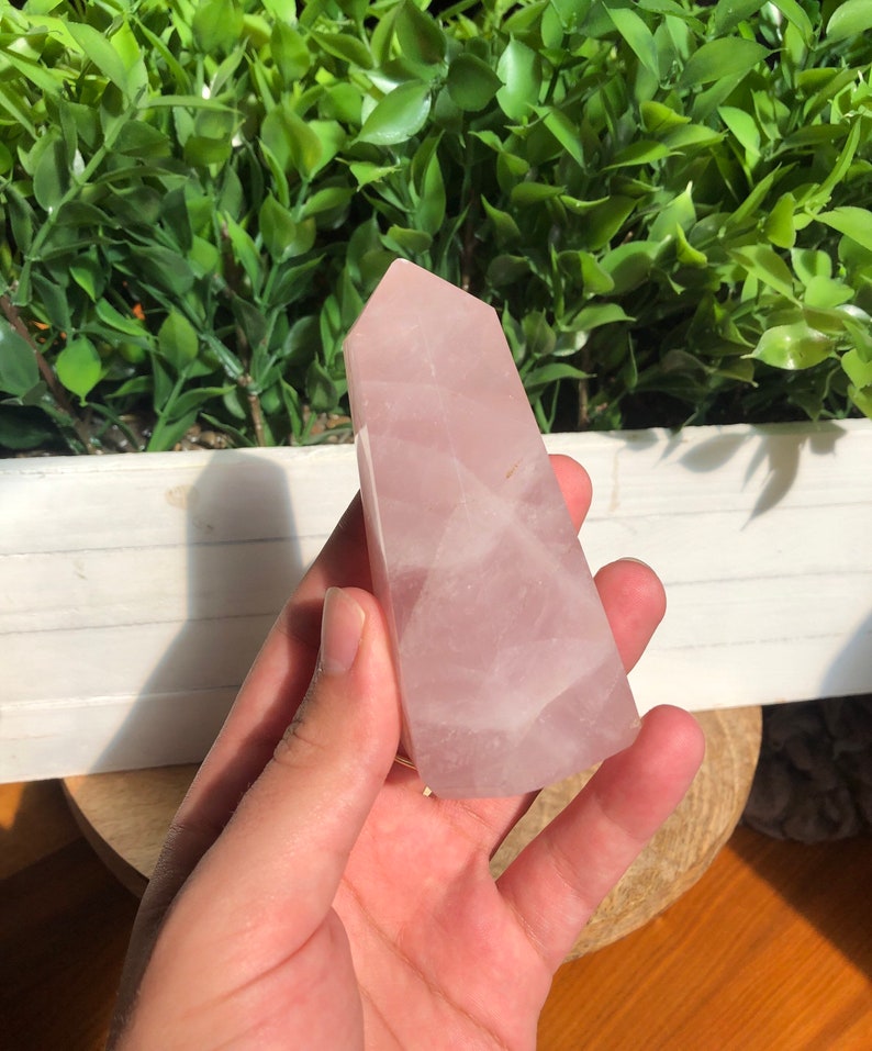 Puede incluir: Una punta de cristal de cuarzo rosa pulido. El cristal rosa tiene forma facetada y una parte superior puntiaguda. El fondo incluye follaje verde y una jardinera de madera blanca.