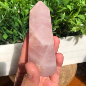 Puede incluir: Un obelisco de cuarzo rosa de color rosa claro, con un dise&ntilde;o facetado. El cristal se sostiene en una mano, con follaje verde en el fondo. El obelisco tiene una superficie pulida y una parte superior puntiaguda.
