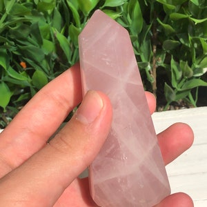 Puede incluir: Una punta de cristal de cuarzo rosa pulido. El cristal es de color rosa p&aacute;lido, con patrones internos visibles. Tiene la forma de un prisma rectangular alto con una parte superior puntiaguda. El cristal se sostiene en una mano sobre un fondo de follaje verde.