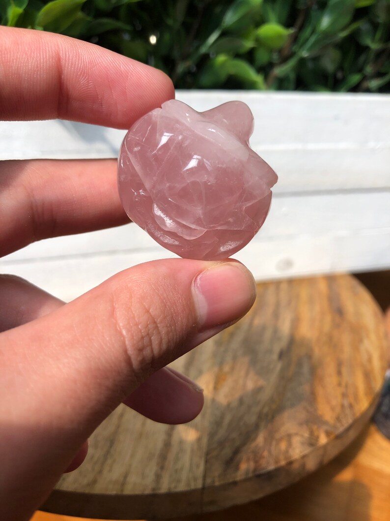 May include: A carved rose quartz heart, a pink crystal with a smooth, polished surface.