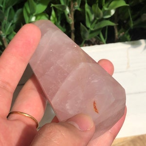 Puede incluir: Un obelisco de cristal de cuarzo rosa claro. El cristal se sostiene en una mano, y el fondo es follaje verde borroso. El obelisco tiene una superficie lisa y pulida y una forma ligeramente c&oacute;nica.