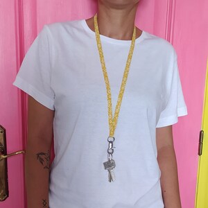 Floral print key lanyard. Cotton necklace for keys Liberty flowers mustard background. Liberty stamped badge necklace.