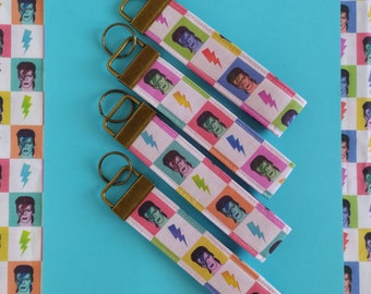 David Bowie Keychain. Wristlet Keychain with Ring. Fabric Keychain. Ziggy Stardust. Rock Icon Keychain. David Bowie Gift. David Bowie Lanyard