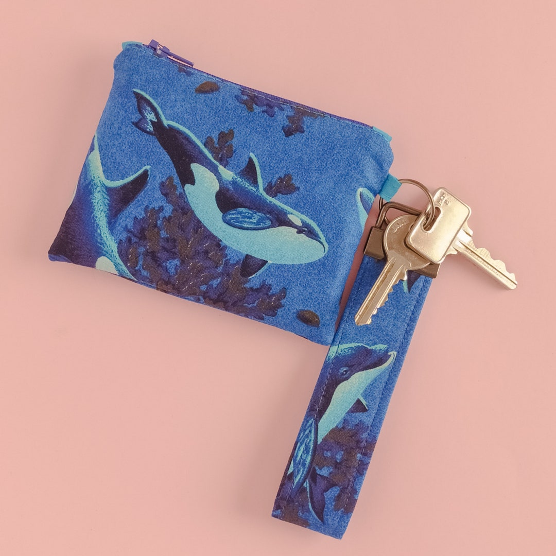 Whales and Dolphins Blue Zipper Purse. Wrist Strap Keychain. Blue Whale