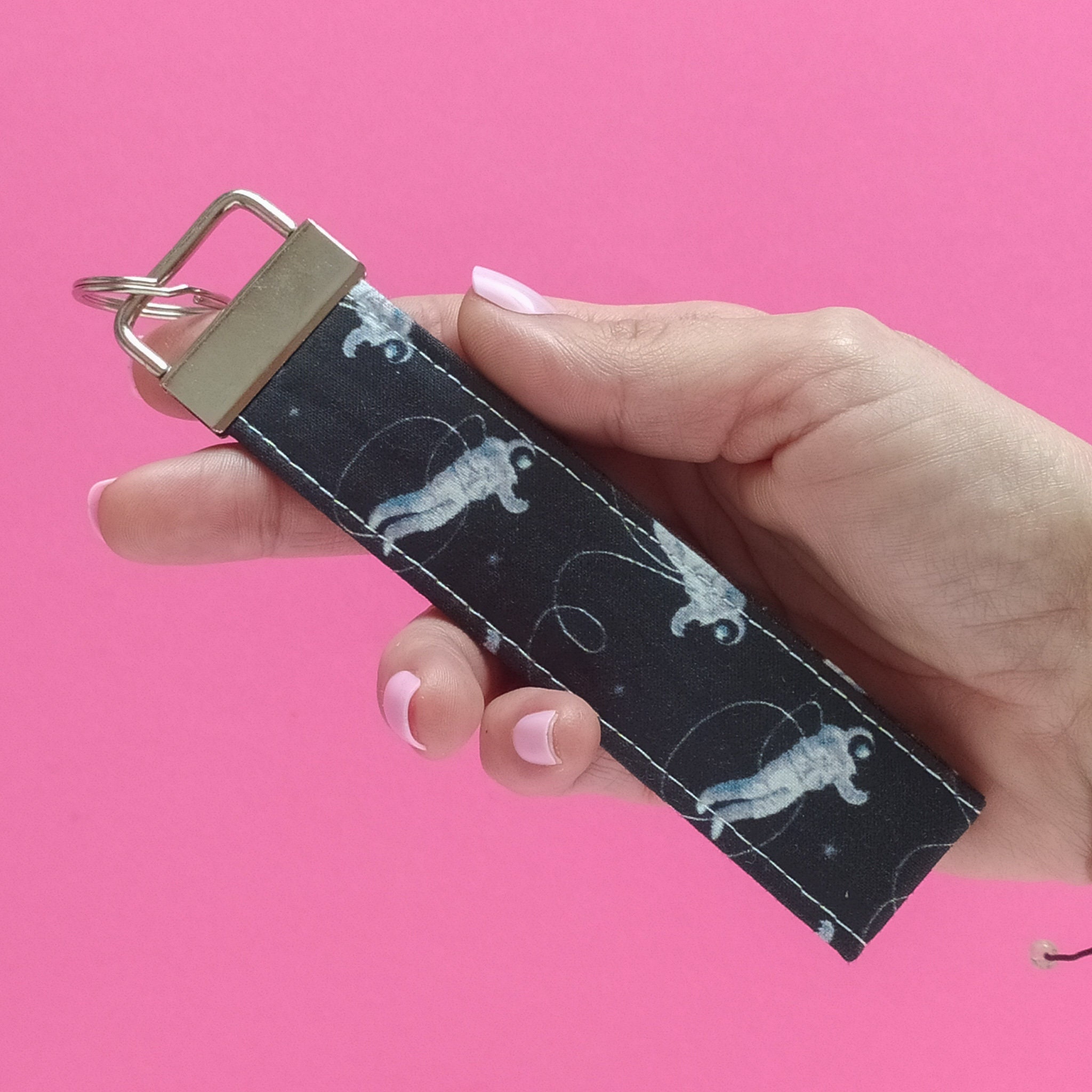Astronaut fabric keychain with ring. Astronaut key lanyard. Key bracelet with metal ring. Mini fabric lanyard for keys.