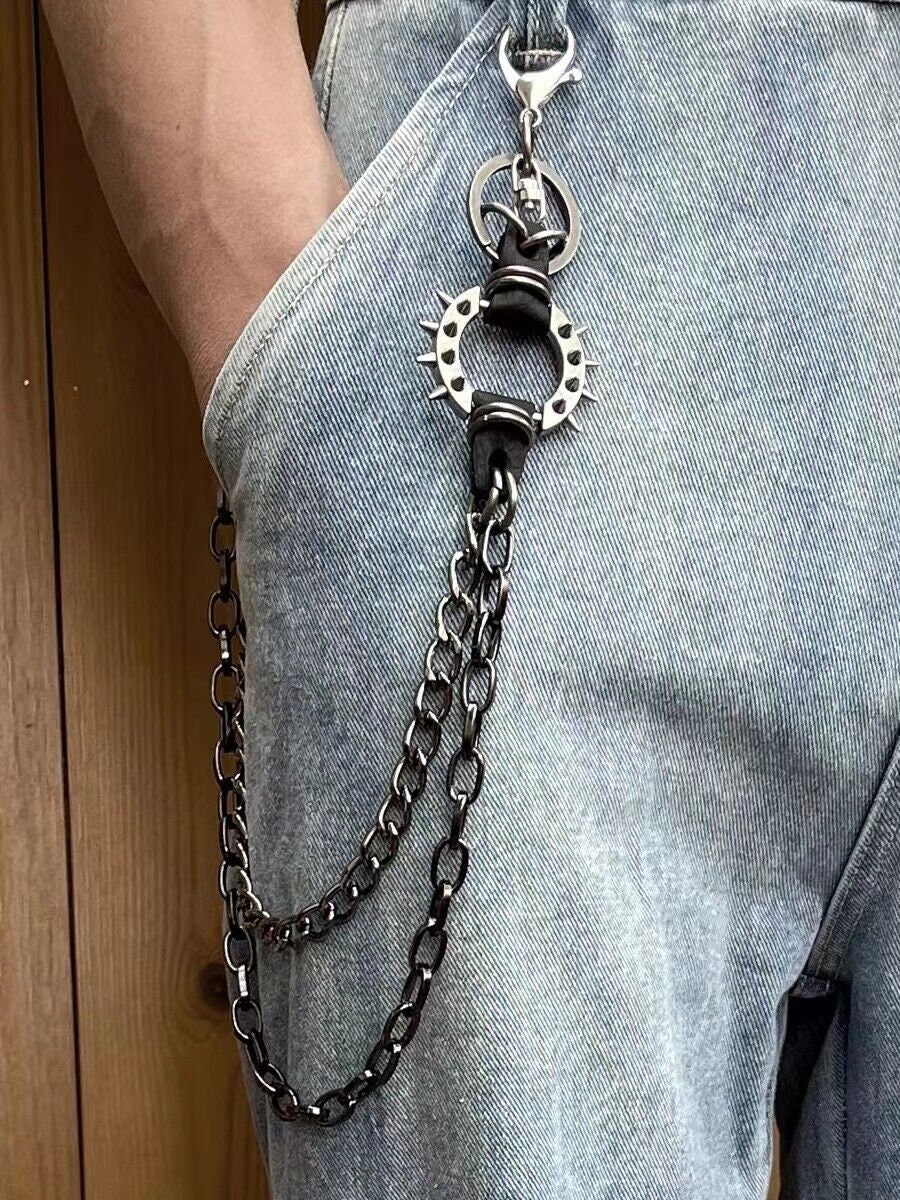 Men Black Metal Strong Wallet Chain Biker Jean Loop Long Horn Key Link Clasp