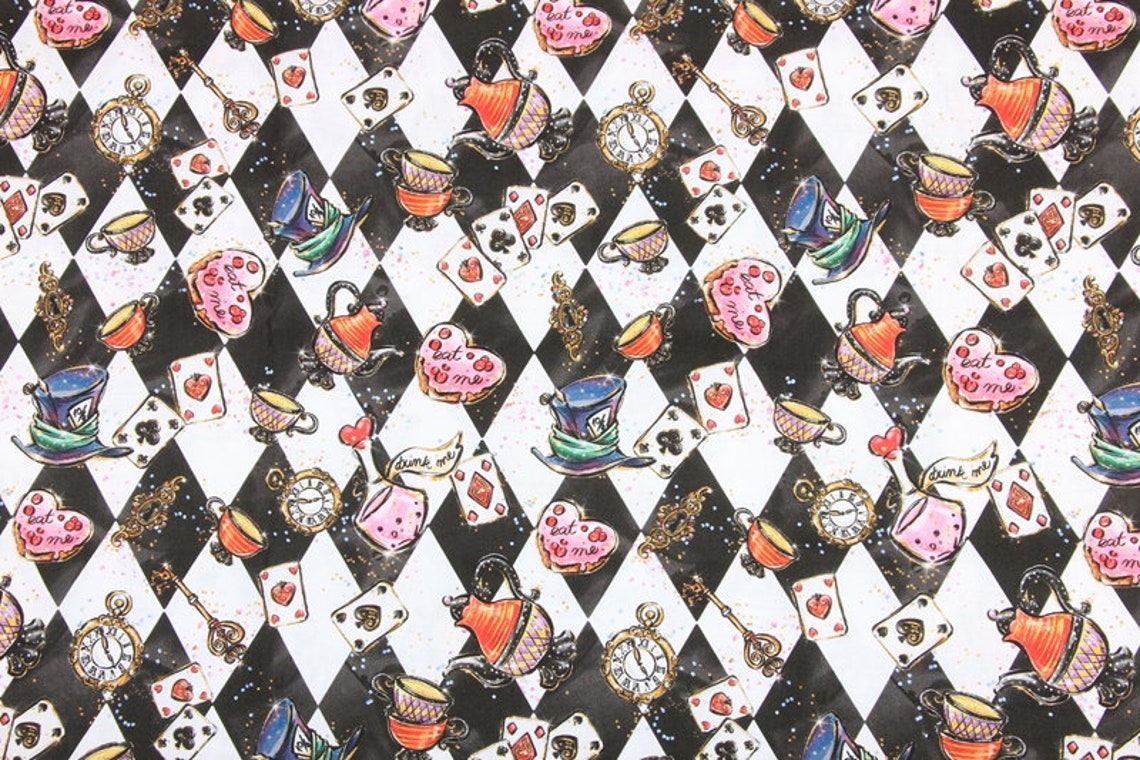 Alice in Wonderland Fabric Cute cartoon The Mad Hatter print Etsy