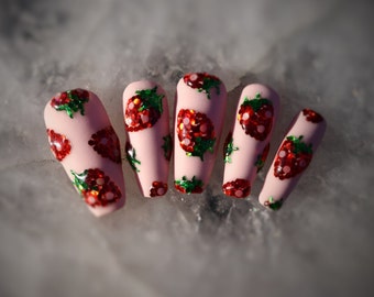 Glitter Strawberry Pink Press On Nails - Kawaii, Cute