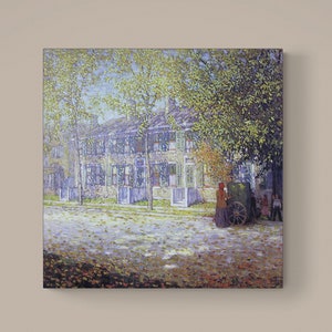 May include: A painting of a street scene with a row of houses in the background. The houses are painted in shades of blue and white, and there are trees in front of them. There are people walking on the street, and a horse-drawn carriage is parked in front of the houses.