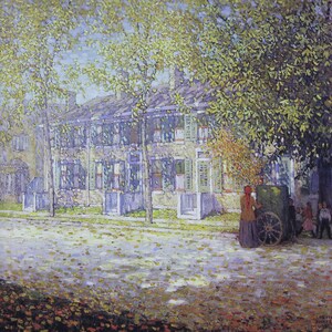 May include: A painting of a row of houses with green shutters and a tree in the foreground. The houses are painted in shades of blue and white. There are people walking in front of the houses.